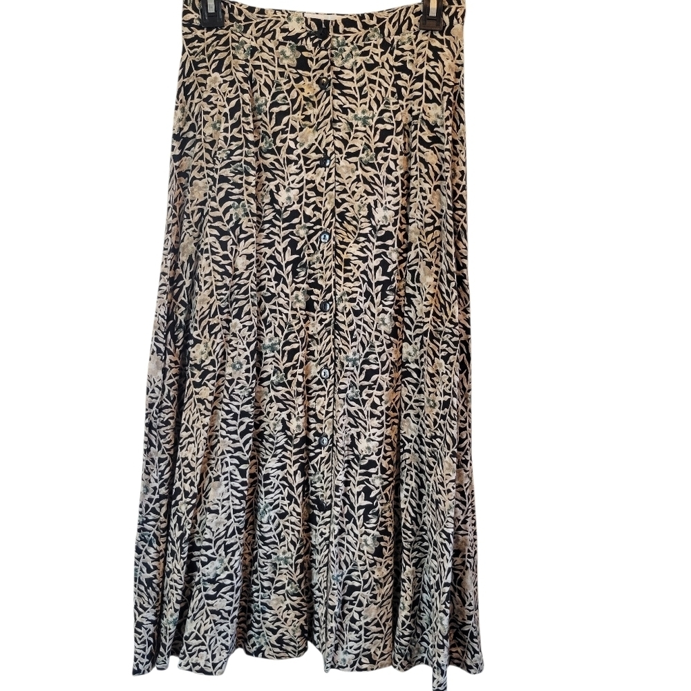 Vtg Norton McNaughton Black Tan Leafy Vine Print Button Down Midi Skirt
